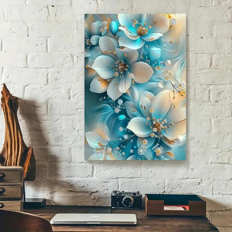 Elegant Oil Painting Artwork Framed Serene Blue and White Flowers with Gold