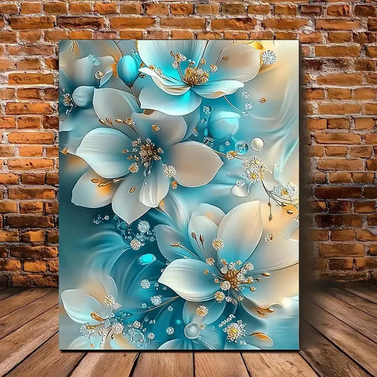 Elegant Oil Painting Artwork Framed Serene Blue and White Flowers with Gold