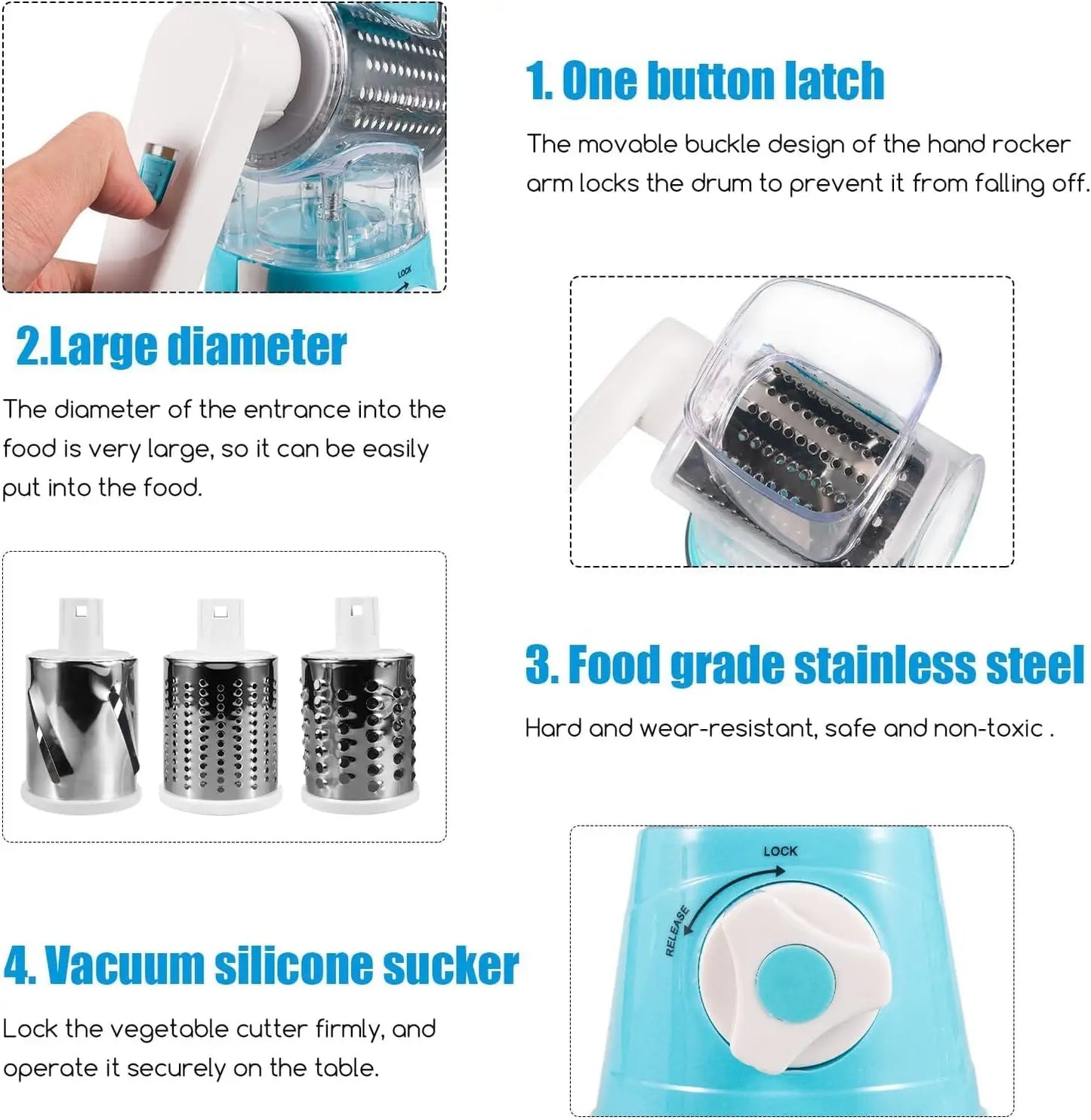 Cheese Grater Rotary 3 in 1 Grater Vegetable Slicer with 3 Drum Blades Fast Cutting Shredder