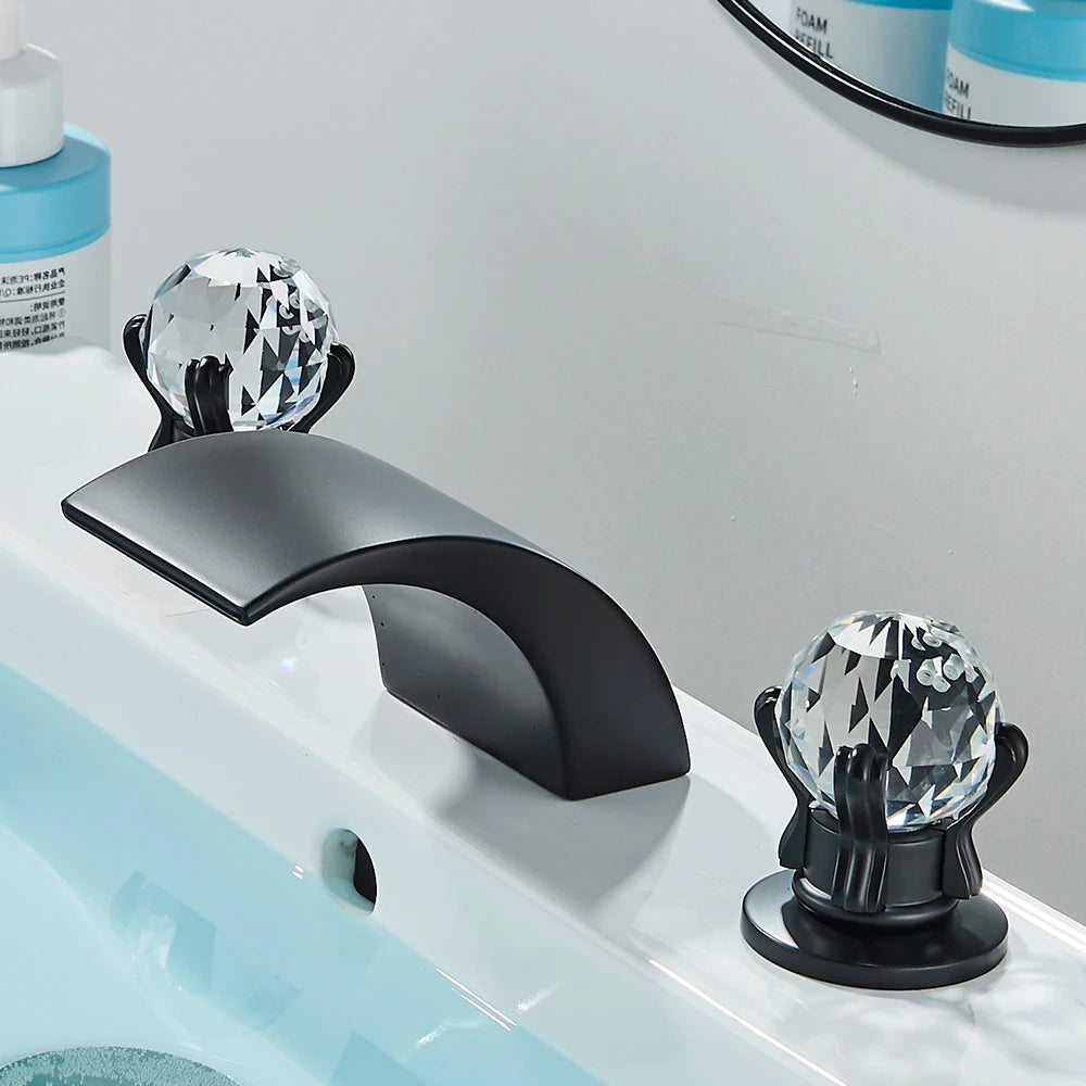 LED Widespread Bathroom Faucet Waterfall Gold Polished Lavatory 2 Crystal Knobs 3 Holes