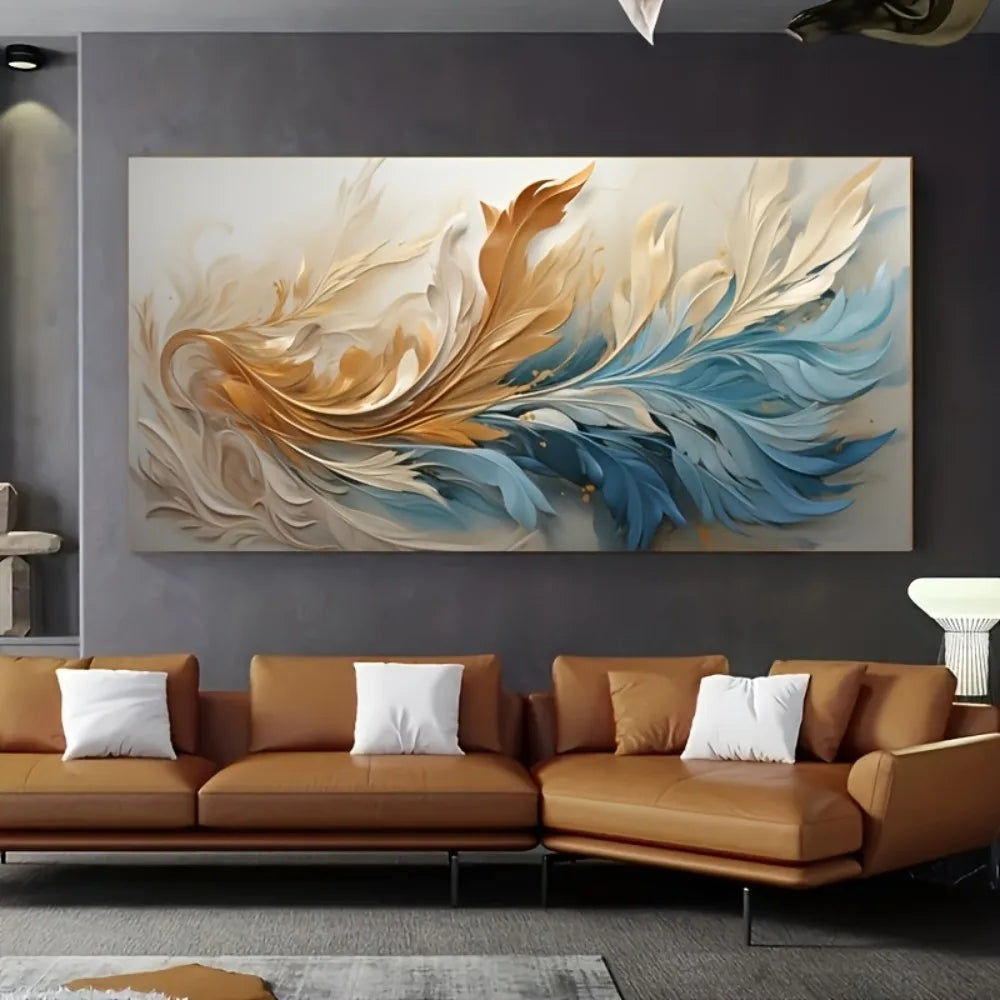 Modern abstract gold feather canvas art  1.5 inch thick pine solid wood frame