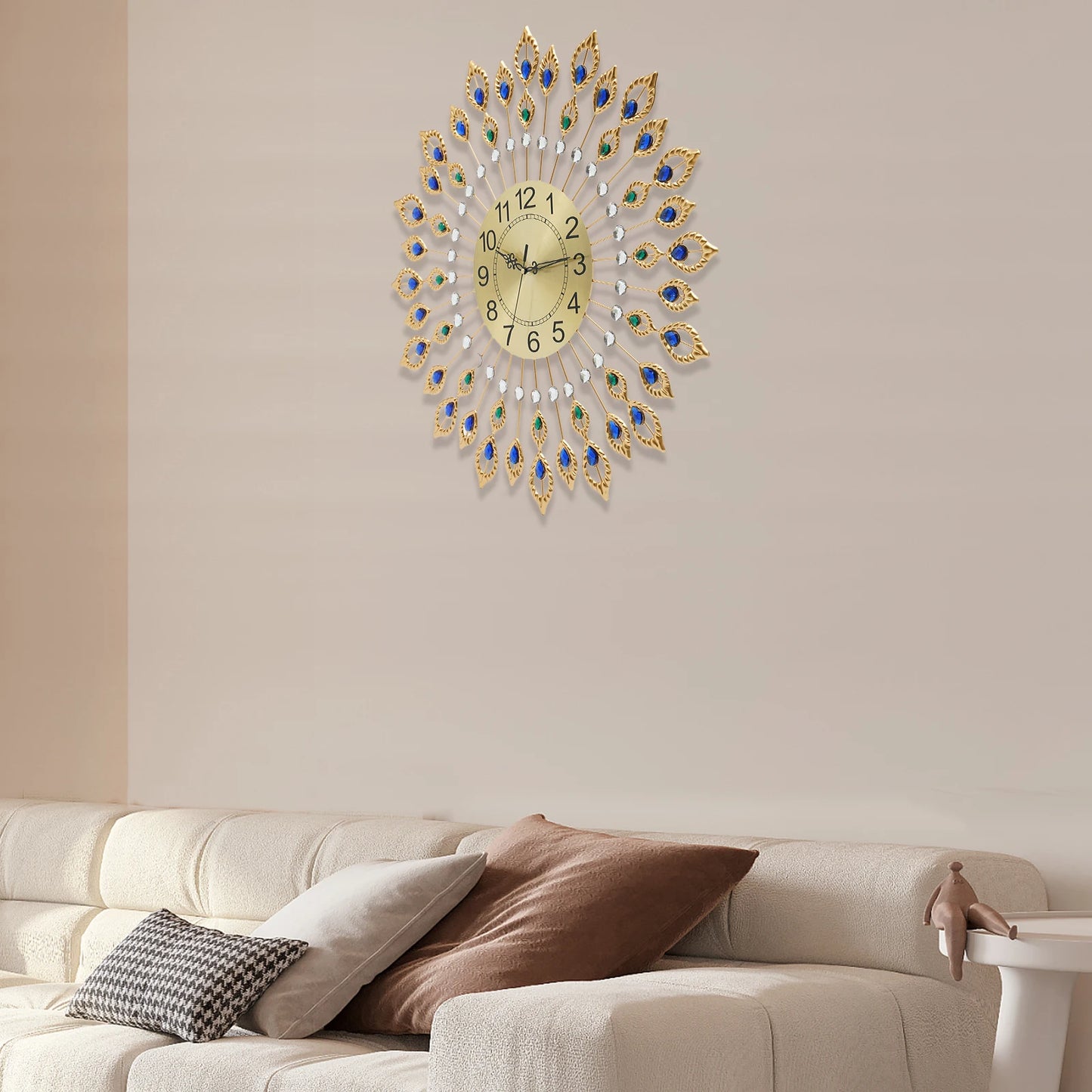 Decorative Wall Clock with Peacock Feather Design, Quartz Movement, Quiet