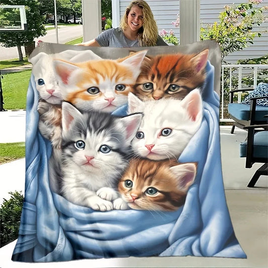 1pc Cute Cat Thin Blanket - Lightweight Flannel Blanket for Sofa, Bed, Travel, Camping, Living Room