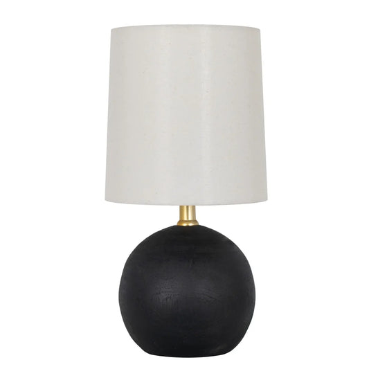 Mini Black Wood Ball Table Lamp with White Fabric Shade 12.5 Inch Stylish Accent