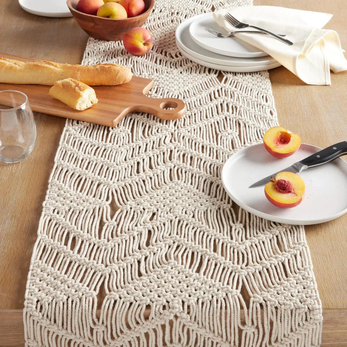 Macrame 90"x14" Machine Washable Natural 100% Cotton Table Runner