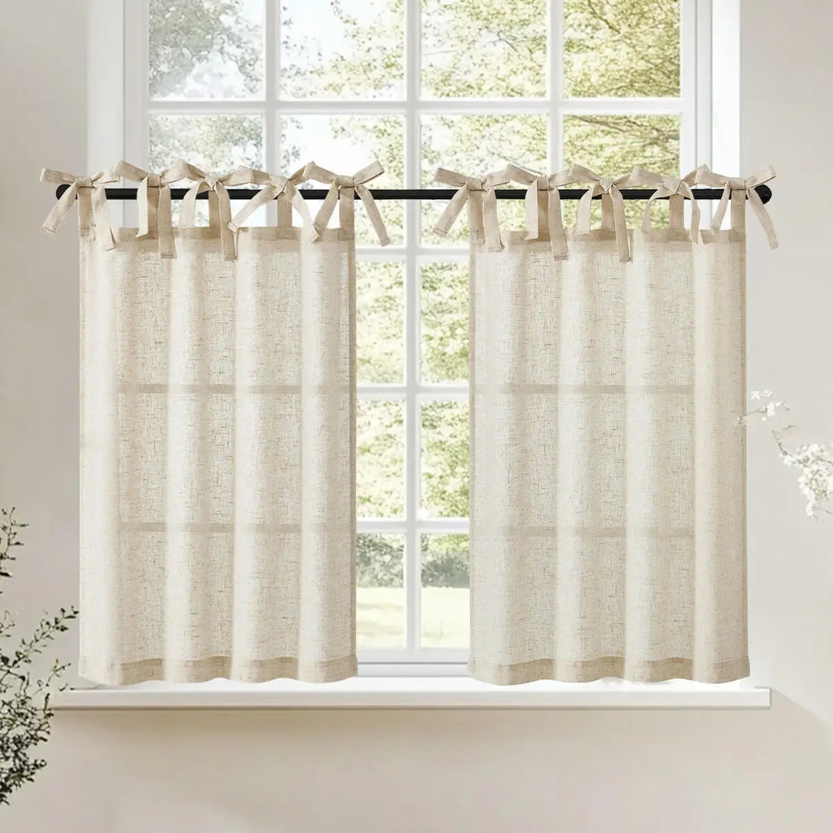 Tie Top Linen Small Window Curtains Light Filtering Privacy Half Window Drapes Living Room Bathroom Kitchen Cafe