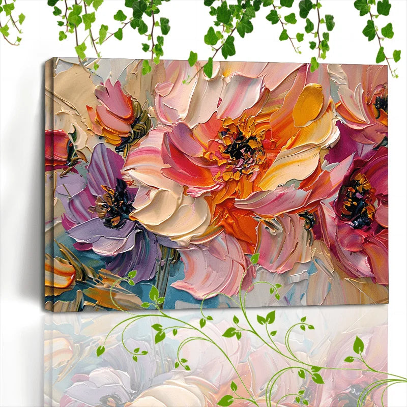 1pc Vibrant Floral Canvas Art with Wooden Frame - Textured Pastel Flowers, Abstract Blossom Arrangement