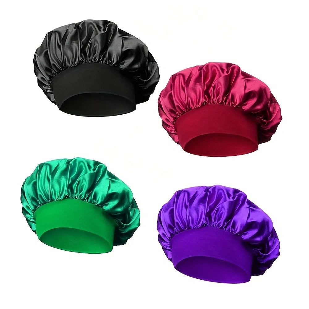 4-Piece Set Of Shower Caps-Satin Bonnet Silk Bonnet  For Sleeping With Tie Band  For Women Men