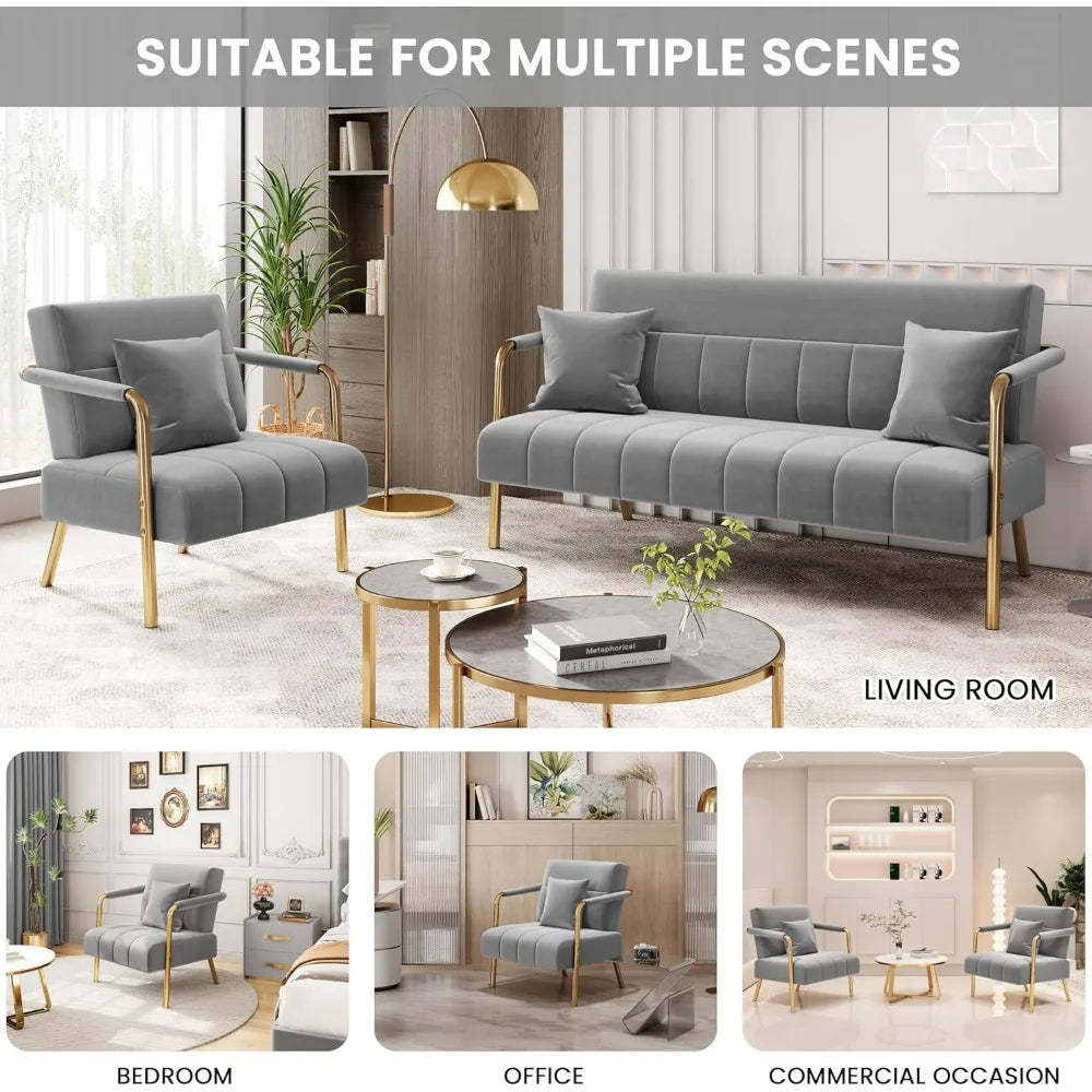 30" W Accent Chair Velvet Oversized Armchair with Golden Frame & Cozy Pillow