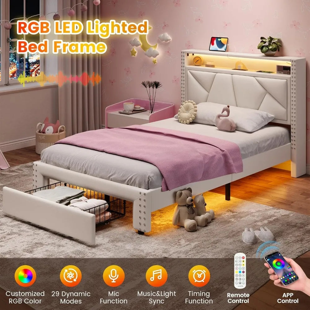 White Twin Bed Frames with LED Lights, Upholstered Platform Bed Frame / Storage Headboard and Charging Station