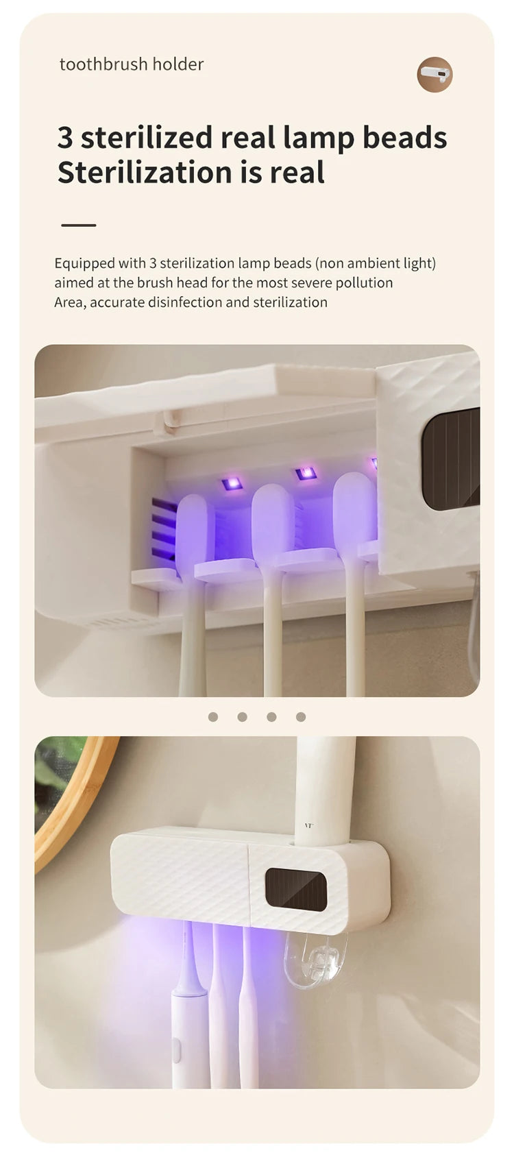 1 smart toothbrush rack wall mounted 3-slot toothbrush intelligent drying rack, toothpaste dispenser
