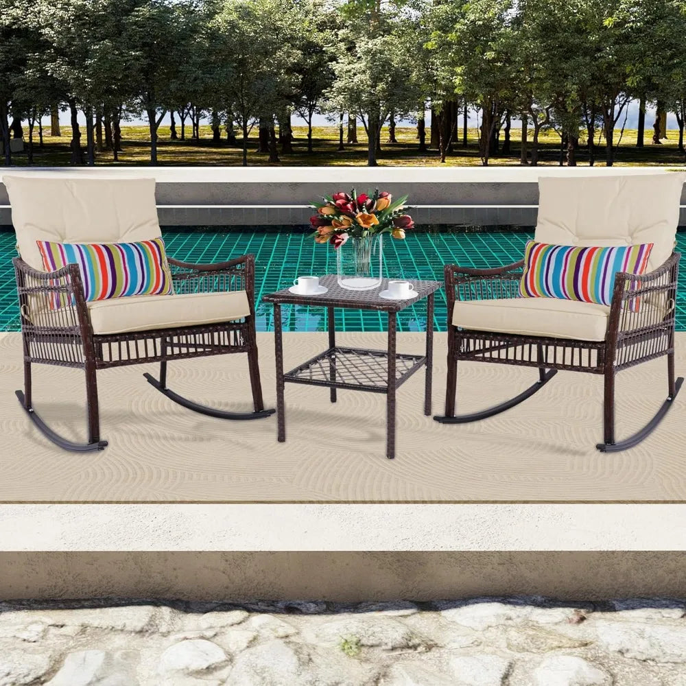 3 Pieces Patio Furniture Set, Wicker Rocking Chairs Bistro Set with Coffee Table