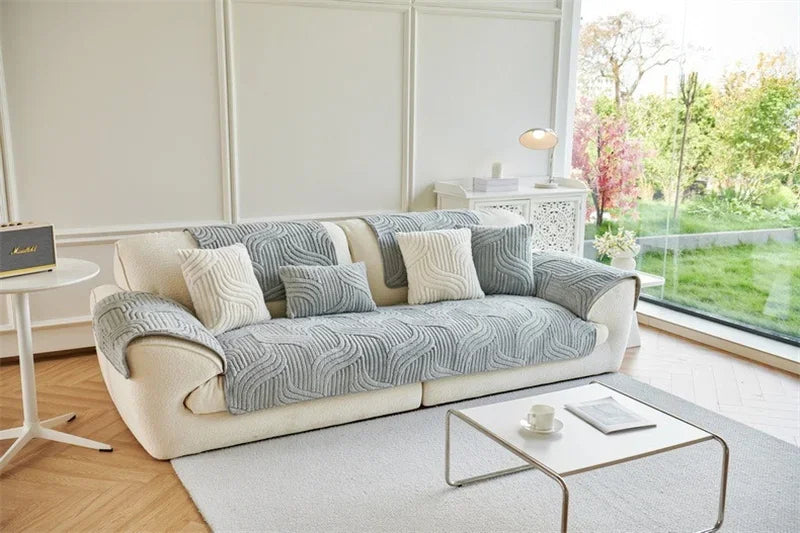 1PC Wave Striped Sofa Cover Solid Color Thicken Plush Non-slip Couch Slipcovers
