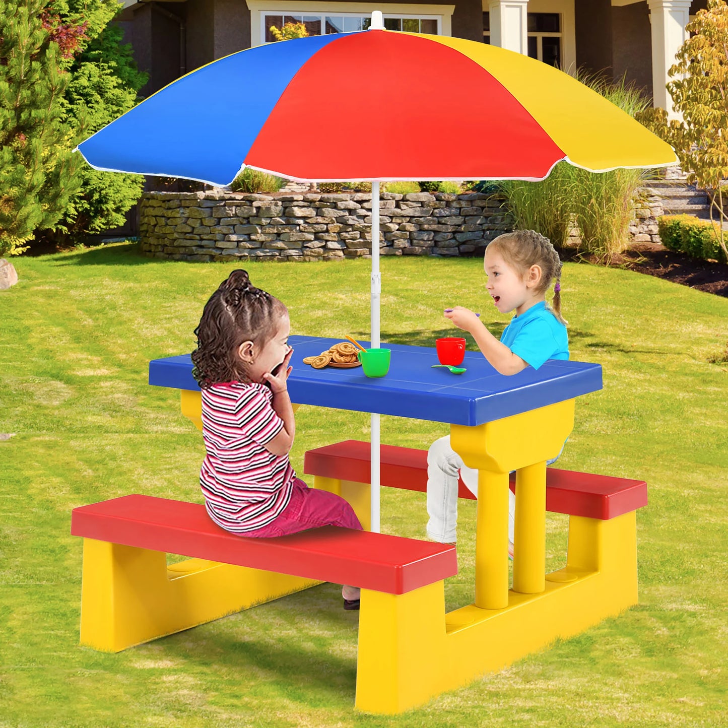 Kids Picnic Table Set W/Removable Umbrella, Indoor Outdoor Garden Patio