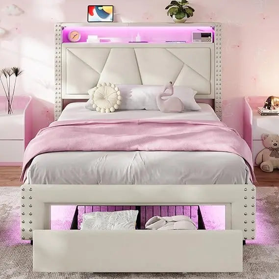 White Twin Bed Frames with LED Lights, Upholstered Platform Bed Frame / Storage Headboard and Charging Station