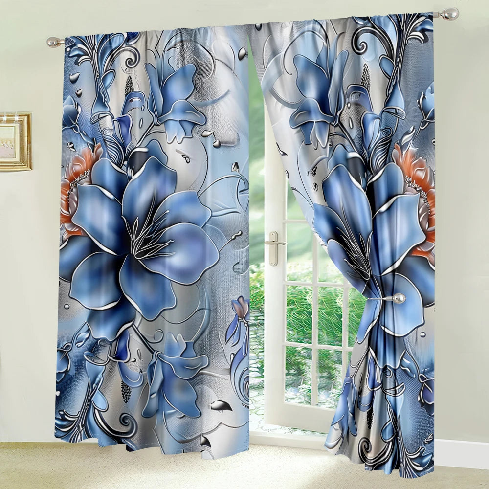 2Pcs Blue Lotus Curtains 3D Modern Luxury