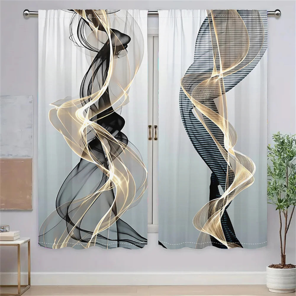 2 Pcs Abstract Art Curtains Black Gold Streamline Pattern