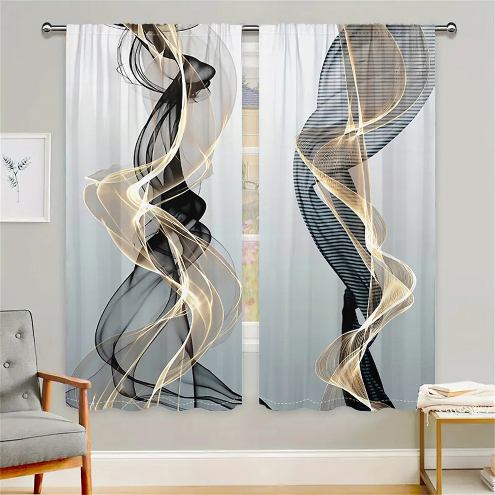 2 Pcs Abstract Art Curtains Black Gold Streamline Pattern