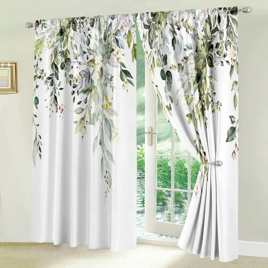 2Pcs Fresh Green Leaf Curtains Watercolor Plant Pattern  Window Decor Curtains Natural Forest Style Curtains