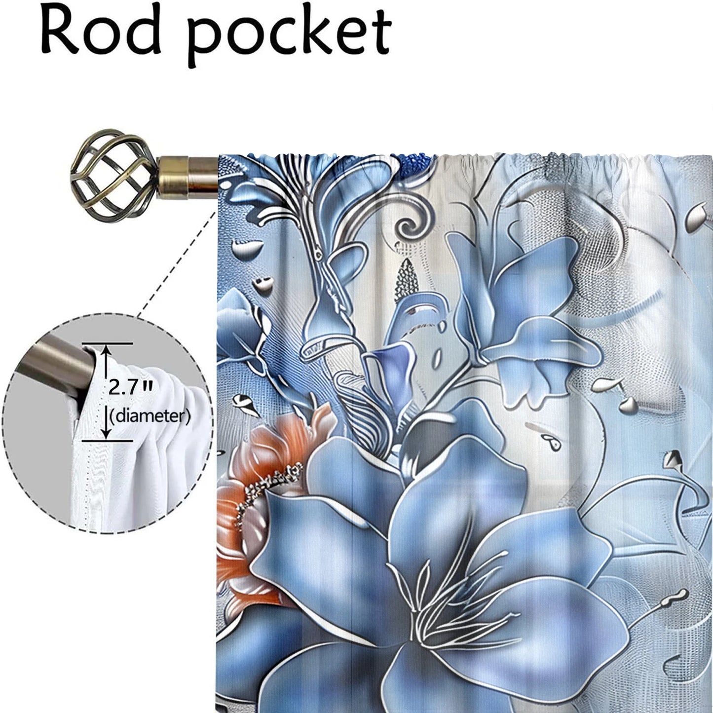 2Pcs Blue Lotus Curtains 3D Modern Luxury