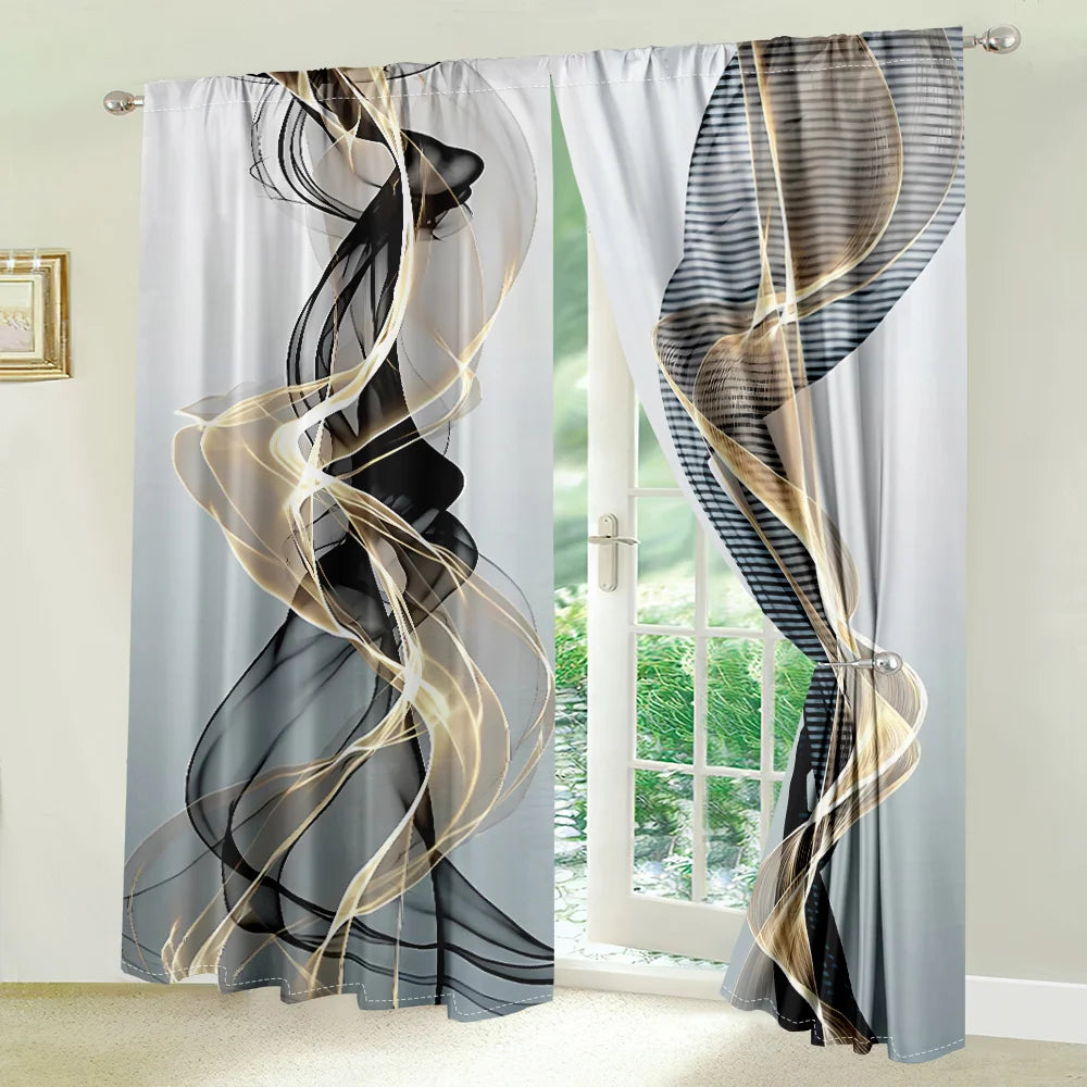 2 Pcs Abstract Art Curtains Black Gold Streamline Pattern