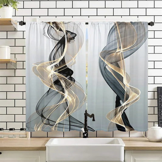 2 Pcs Abstract Art Curtains Black Gold Streamline Pattern