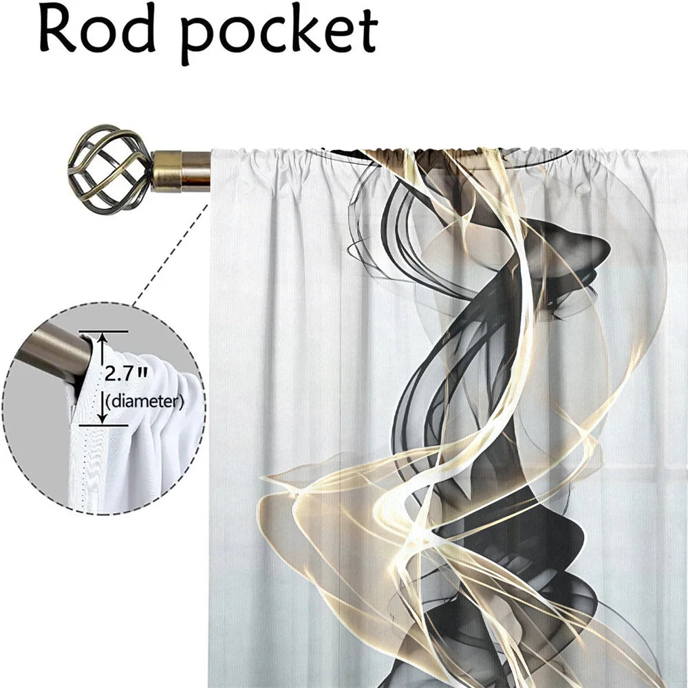 2 Pcs Abstract Art Curtains Black Gold Streamline Pattern