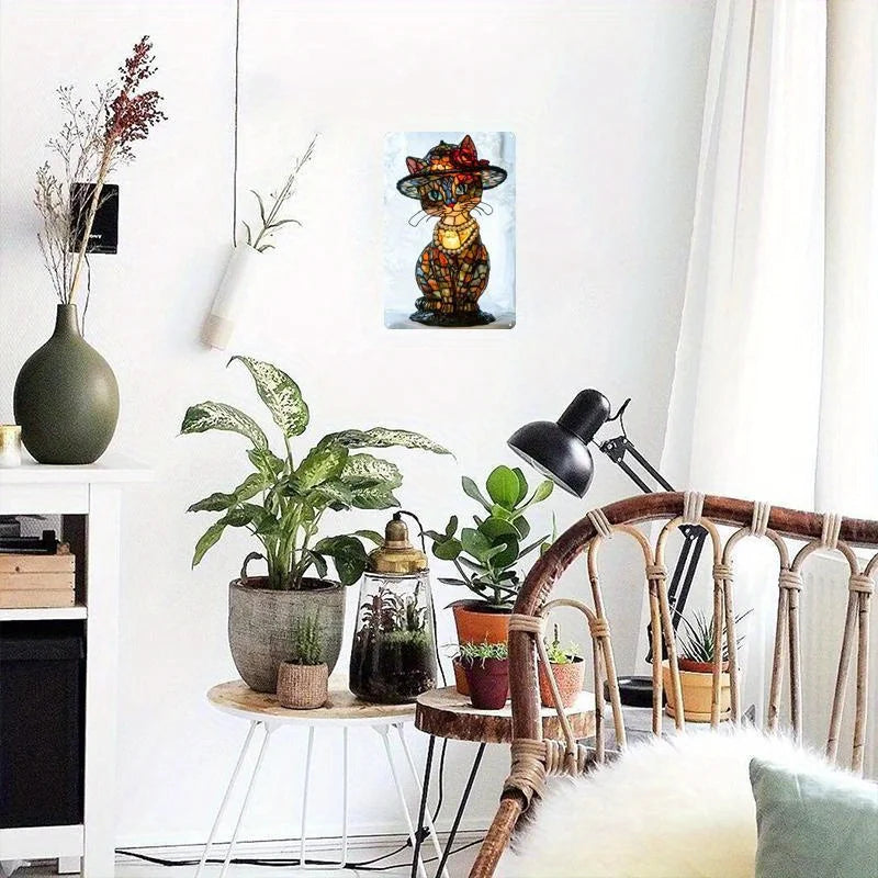 Retro Charm Cat Table Lamp & 2D Decorative Plaque Set  Iron Material