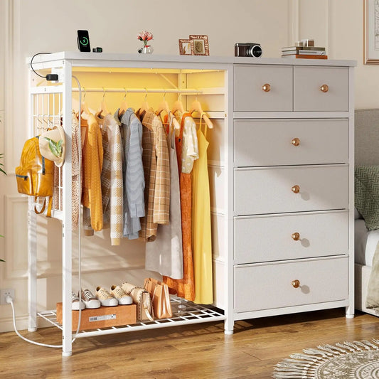 49.2" W White Dresser for Bedroom with Hanging Rack, 6 Drawers  LED Lights & Charging Station