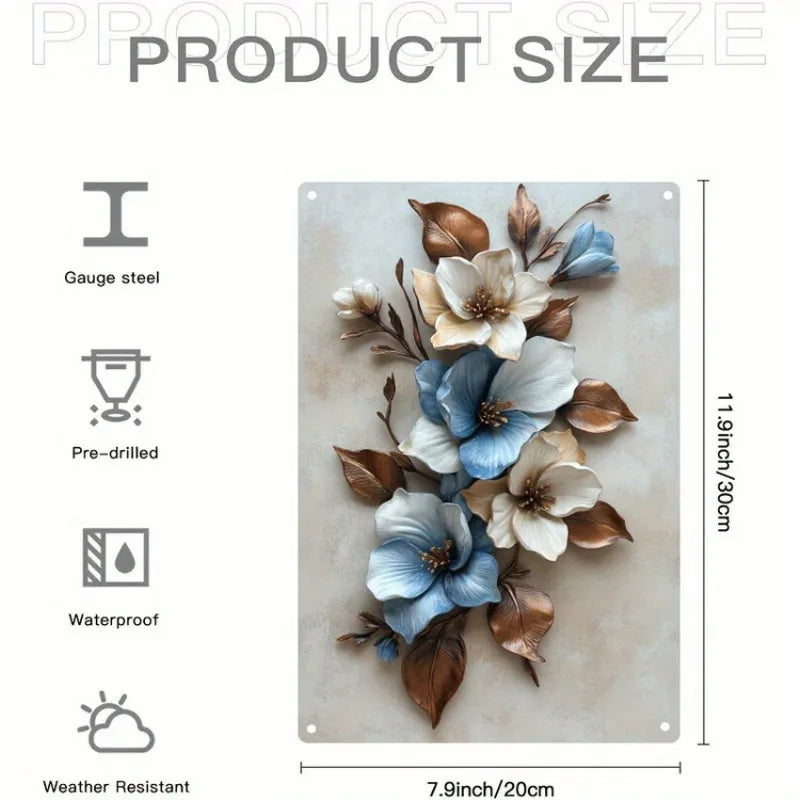 Elegant Blue and White Flower Metal Wall Art Easy To Hang Durable Wrought Iron Decoration