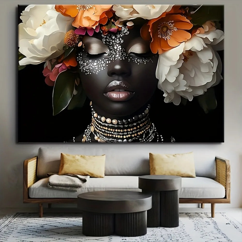 1.5-inch  wood pine framed artwork, modern African women and vibrant floral canvas art