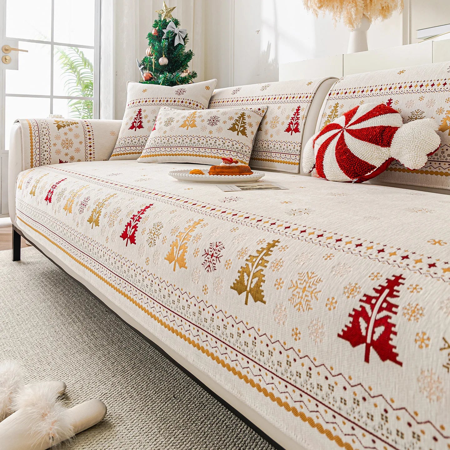 Christmas Tree Chenille Sofa Cushion Four-Season Anti-Slip Luxury Style Sofa Seat Covers