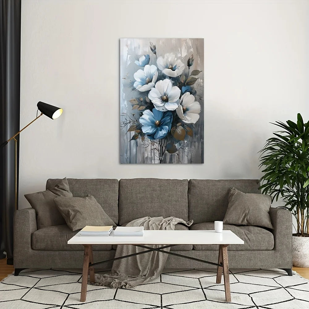 Canvas Painting in Wooden Frame Blue and White Floral Wall Art  Living Room and Bedroom