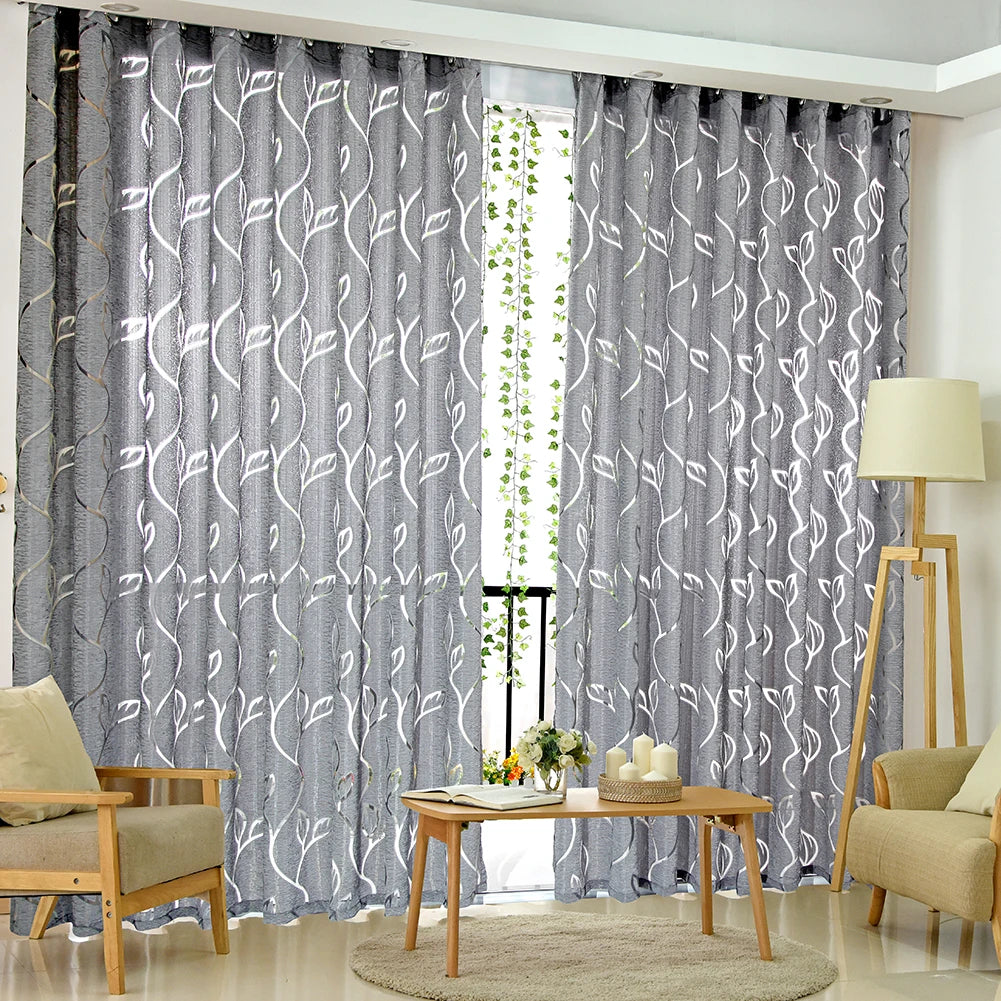 Vine Leaves Tulle Drape Panel Sheer Valances Semi Blackout Curtain Tulle Sheer Curtains