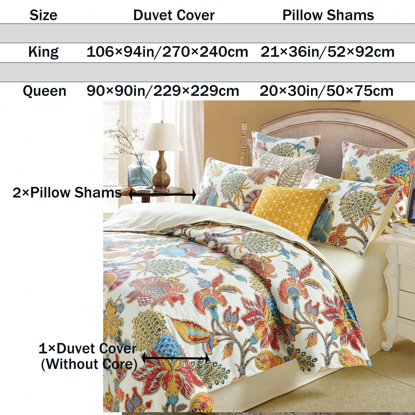 3pcs 600TC 100% Egyptian Cotton Duvet Cover Set, Boho Damask Floral Print, Soft