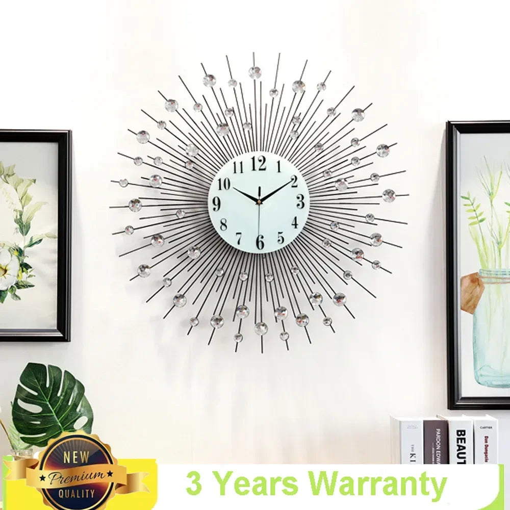 3D Large Metal Sunburst Wall Clock Luxury Battery Operated Diamond Art Wall Watch 60x60cm