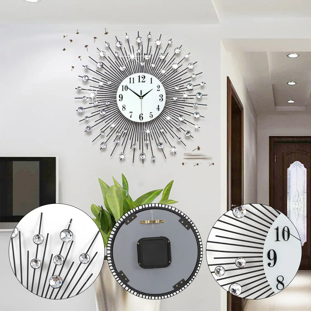 Wall Clock Luxury Wall Clock  Diamond Studded Sparkling Bling High Quality Machine Core Metal Clock