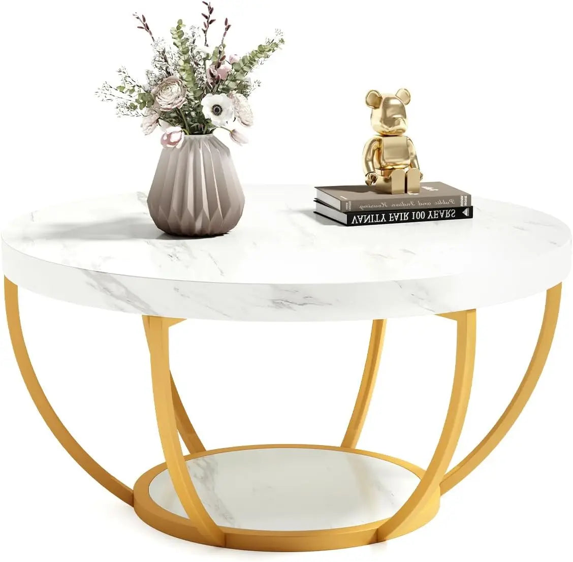 32" Circle Marble Coffee Tables, 2-Tier Golden Metal Legs  Open Storage Modern Design