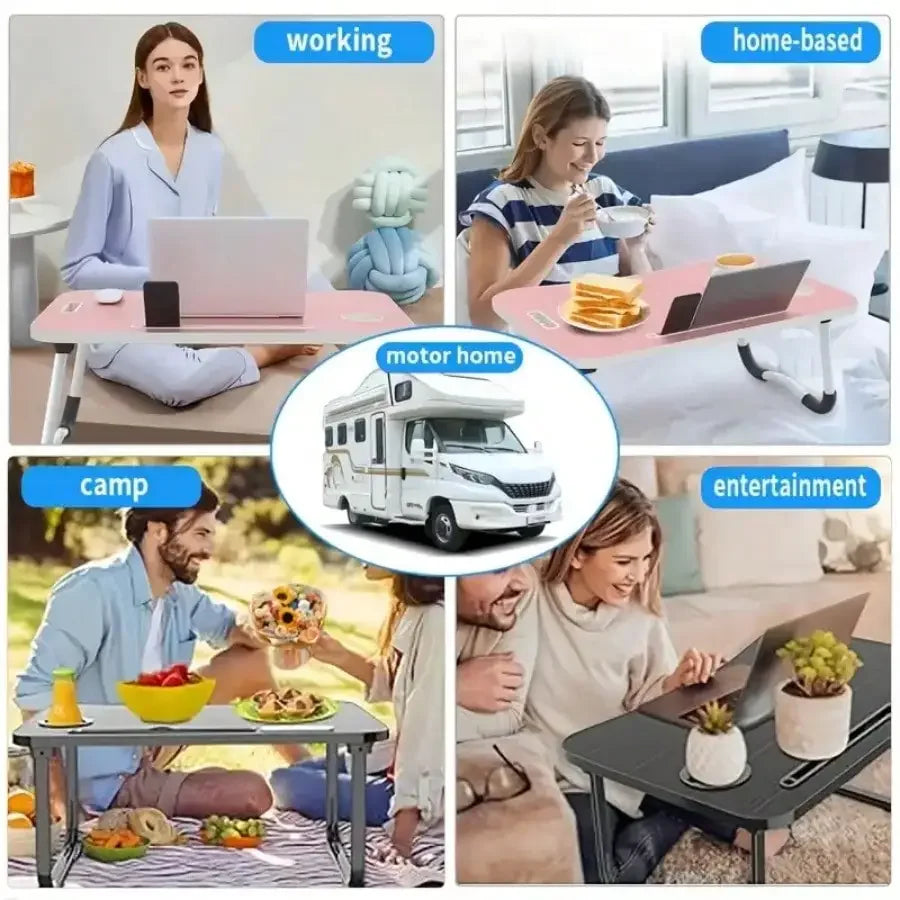 Portable Laptop Desk with  Cup Holder, Tablet Slot, and Lifting Handle - Foldable Laptop Table