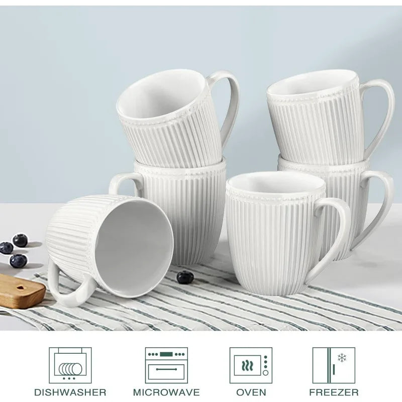 Set of 6, White , Porcelain, Easy to Grip Mug Sets