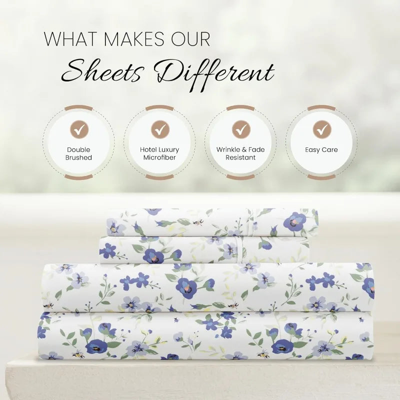 4 Piece Queen Sheet Set (Light Blue Floral)  Ultra-Soft & Cooling