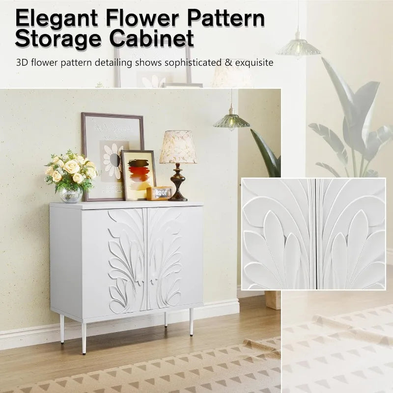 Accent Cabinet with 2 Doors,  Buffet Cabinet with 3D Flower Pattern & Adjustable Shelves, Wood  Credenza
