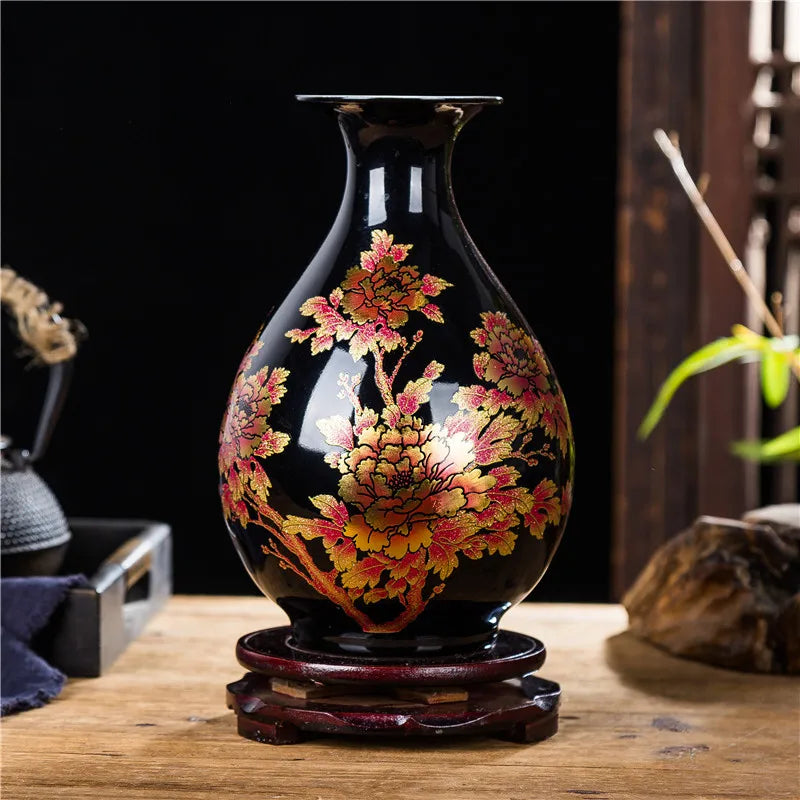 Jingdezhen-Black Porcelain Flower Vase, Crystal Glaze, Handmade,  Chinese Style