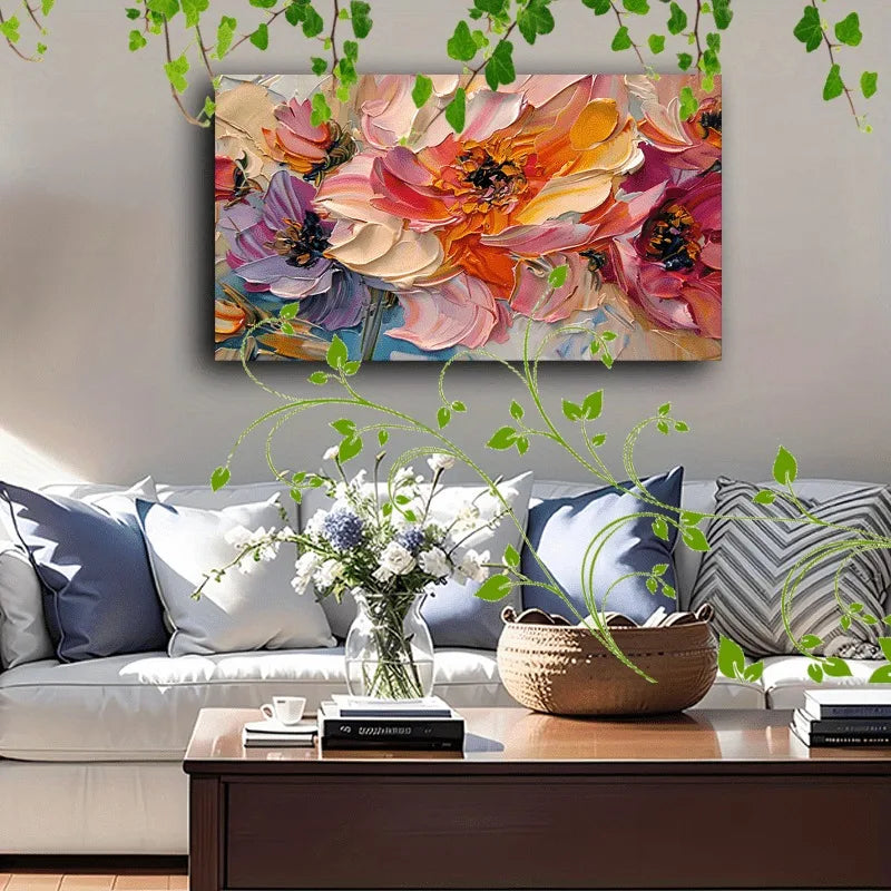 1pc Vibrant Floral Canvas Art with Wooden Frame - Textured Pastel Flowers, Abstract Blossom Arrangement