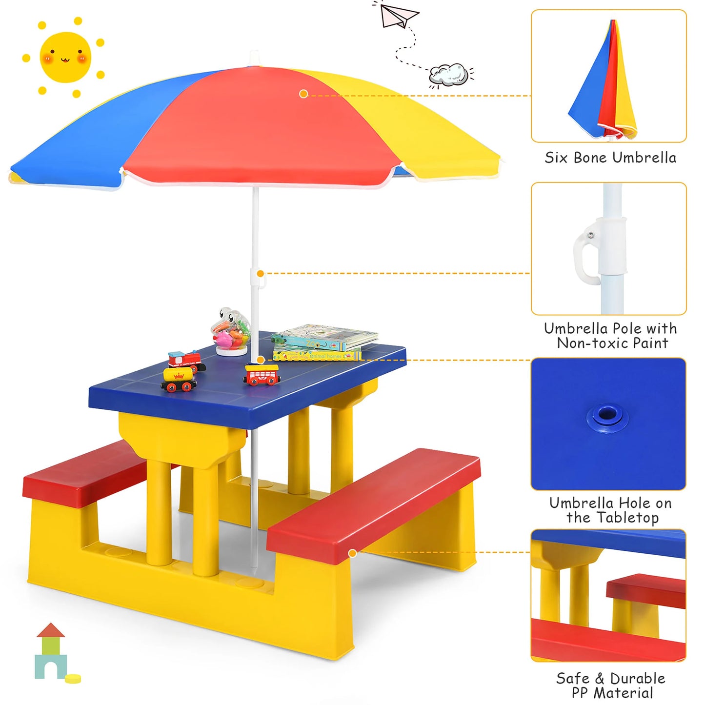 Kids Picnic Table Set W/Removable Umbrella, Indoor Outdoor Garden Patio