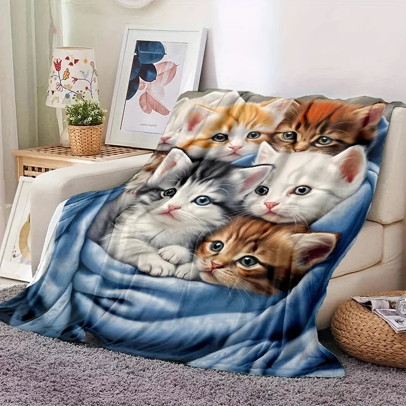 1pc Cute Cat Thin Blanket - Lightweight Flannel Blanket for Sofa, Bed, Travel, Camping, Living Room