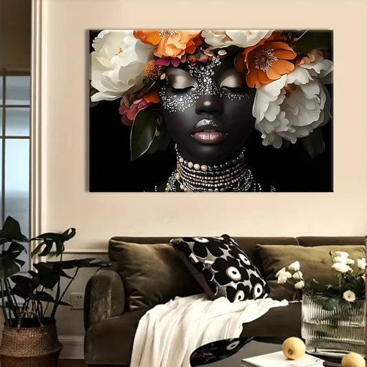 1.5-inch  wood pine framed artwork, modern African women and vibrant floral canvas art