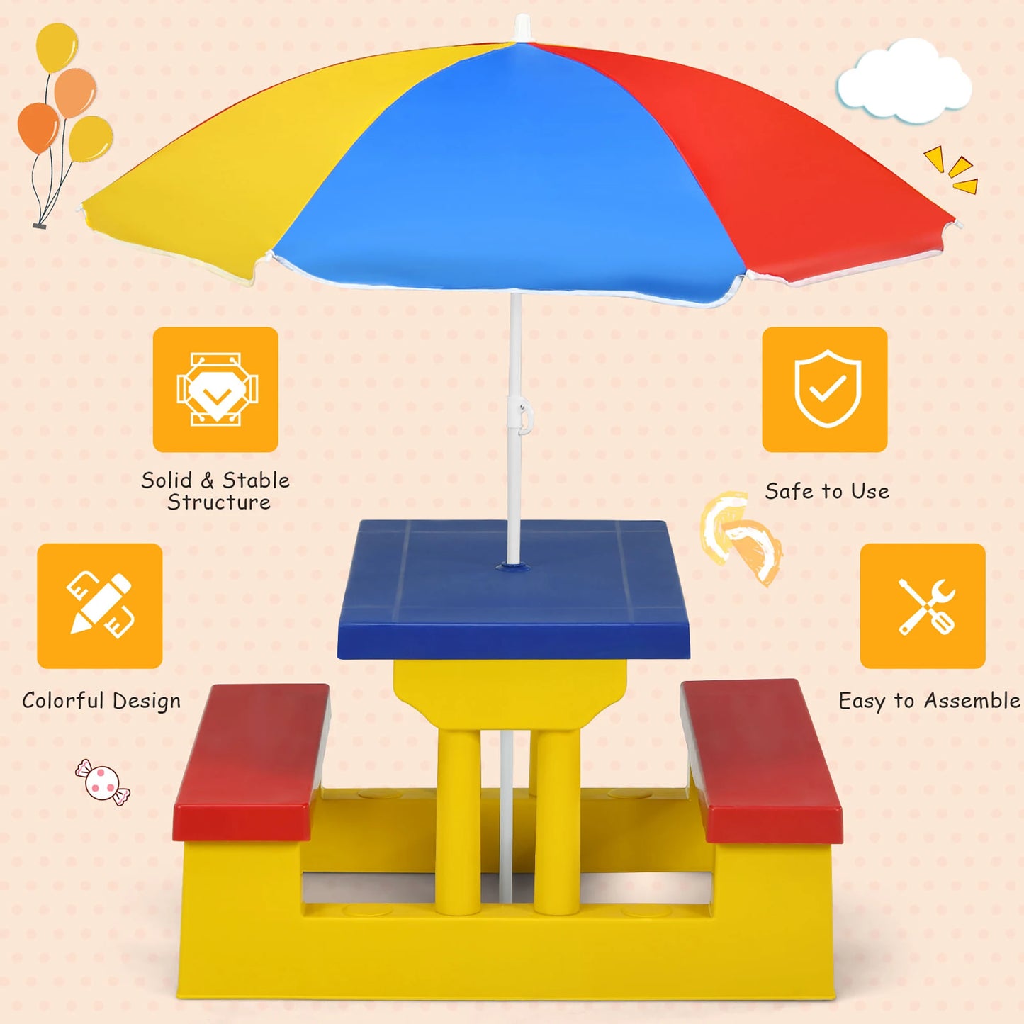 Kids Picnic Table Set W/Removable Umbrella, Indoor Outdoor Garden Patio