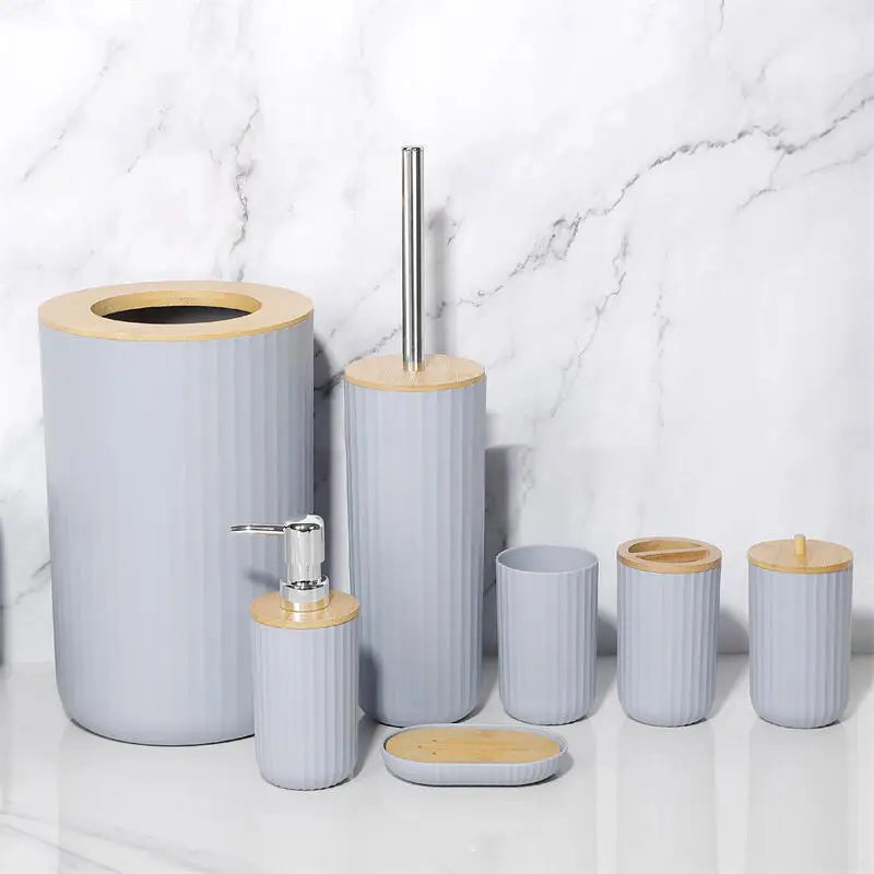 7 Pcs Bathroom Accessories Set, Bamboo Bath Ensemble