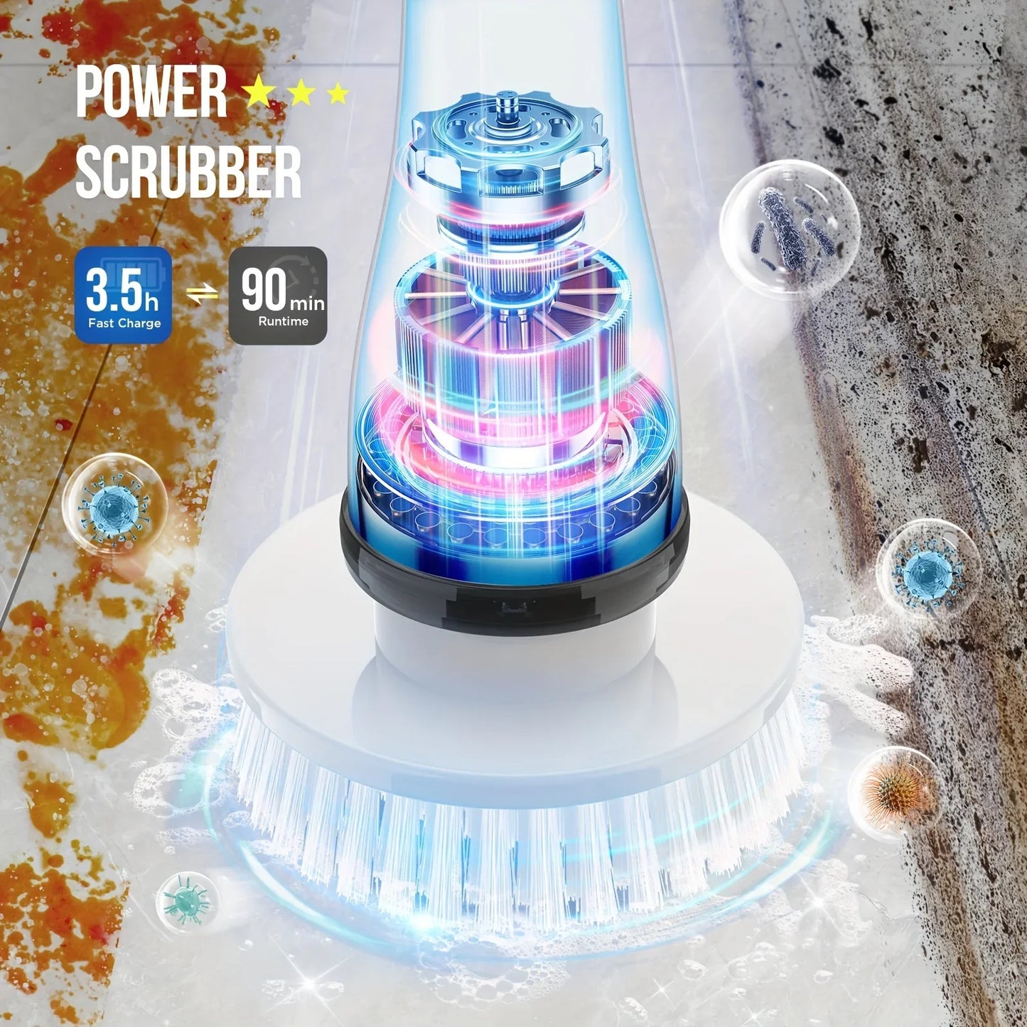 Electric Spin Scrubber - Cordless Cleaning Brush with 4 Heads and Extended Handle